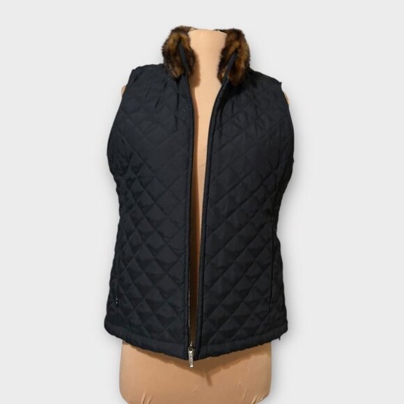 Vintage Quilted Vest Fur Trimmed XS Petite Black Lauren RL 2000s EUC Equestrian - Picture 9 of 9